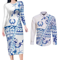Pohnpei Liberation Day Couples Matching Long Sleeve Bodycon Dress and Long Sleeve Button Shirt Polynesian Floral Tattoo LT05 White - Polynesian Pride