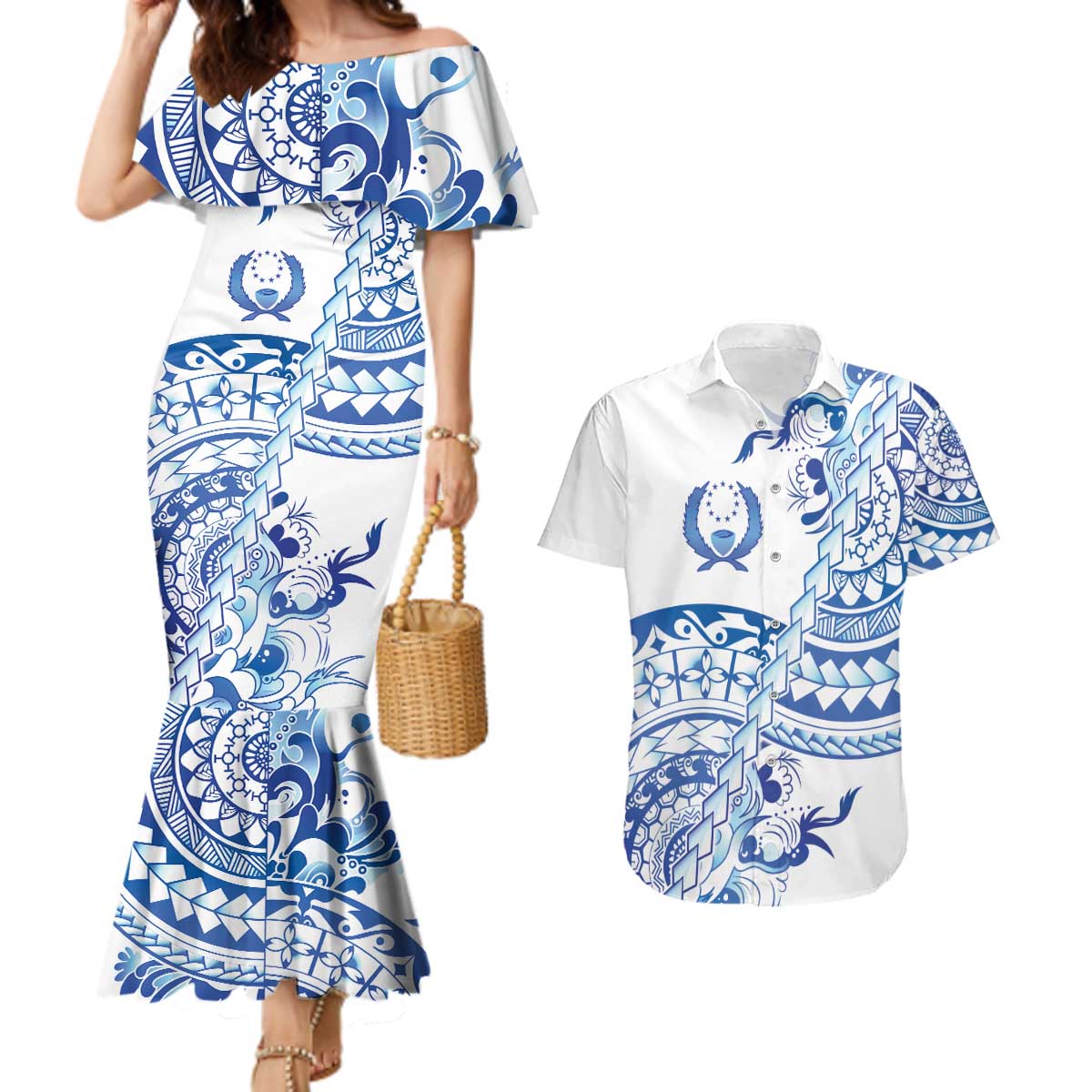 Pohnpei Liberation Day Couples Matching Mermaid Dress and Hawaiian Shirt Polynesian Floral Tattoo LT05 White - Polynesian Pride