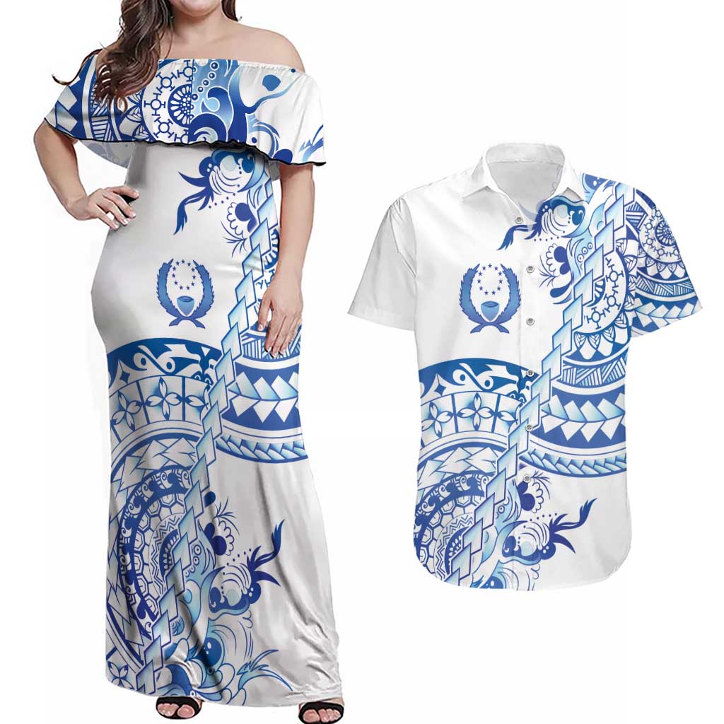 Pohnpei Liberation Day Couples Matching Off Shoulder Maxi Dress and Hawaiian Shirt Polynesian Floral Tattoo LT05 White - Polynesian Pride