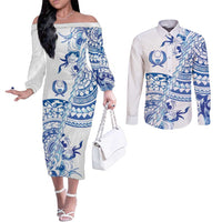 Pohnpei Liberation Day Couples Matching Off The Shoulder Long Sleeve Dress and Long Sleeve Button Shirt Polynesian Floral Tattoo LT05 White - Polynesian Pride