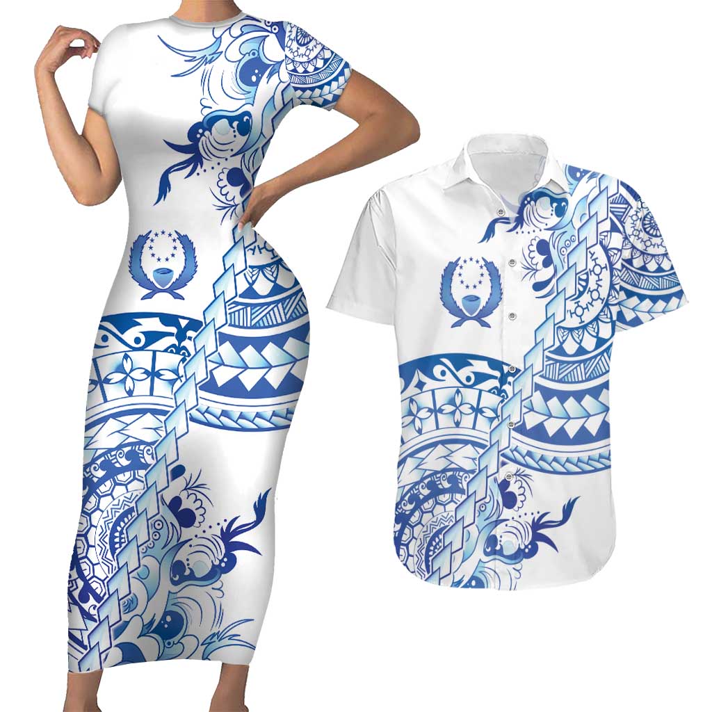 Pohnpei Liberation Day Couples Matching Short Sleeve Bodycon Dress and Hawaiian Shirt Polynesian Floral Tattoo LT05 White - Polynesian Pride