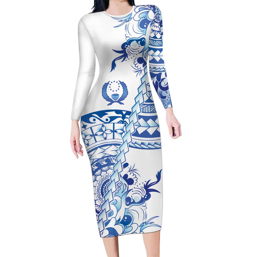 Pohnpei Liberation Day Family Matching Long Sleeve Bodycon Dress and Hawaiian Shirt Polynesian Floral Tattoo LT05 Mom's Dress White - Polynesian Pride