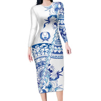 Pohnpei Liberation Day Family Matching Long Sleeve Bodycon Dress and Hawaiian Shirt Polynesian Floral Tattoo LT05 Mom's Dress White - Polynesian Pride