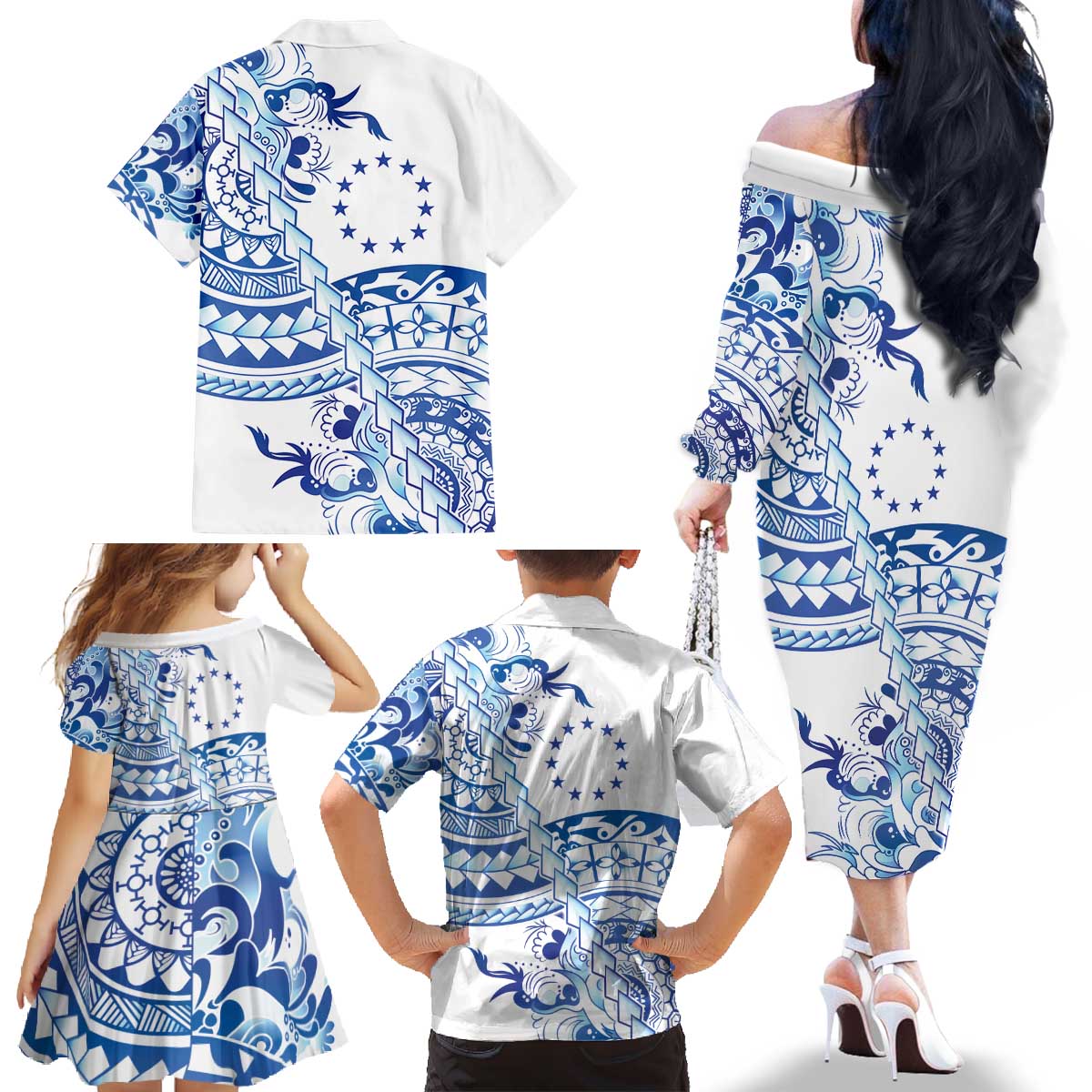 Pohnpei Liberation Day Family Matching Off The Shoulder Long Sleeve Dress and Hawaiian Shirt Polynesian Floral Tattoo LT05 - Polynesian Pride