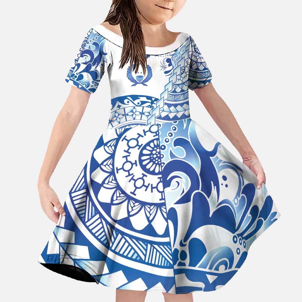 Pohnpei Liberation Day Family Matching Off Shoulder Maxi Dress and Hawaiian Shirt Polynesian Floral Tattoo LT05 Daughter's Dress White - Polynesian Pride