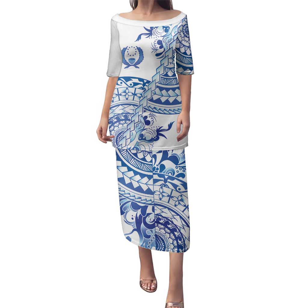 Pohnpei Liberation Day Family Matching Puletasi and Hawaiian Shirt Polynesian Floral Tattoo LT05 Mom's Dress White - Polynesian Pride