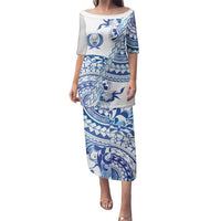 Pohnpei Liberation Day Family Matching Puletasi and Hawaiian Shirt Polynesian Floral Tattoo LT05 Mom's Dress White - Polynesian Pride