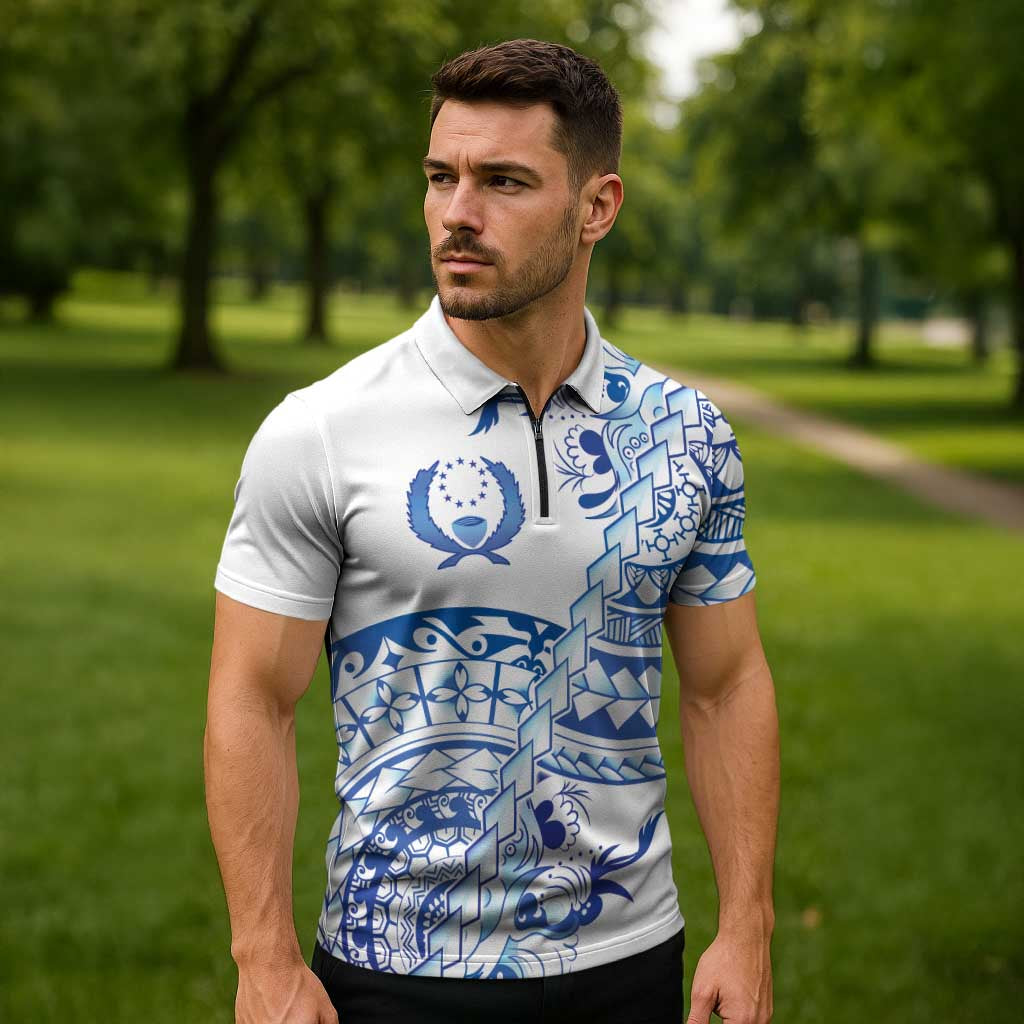 Pohnpei Liberation Day Zipper Polo Shirt Polynesian Floral Tattoo - Polynesian Pride