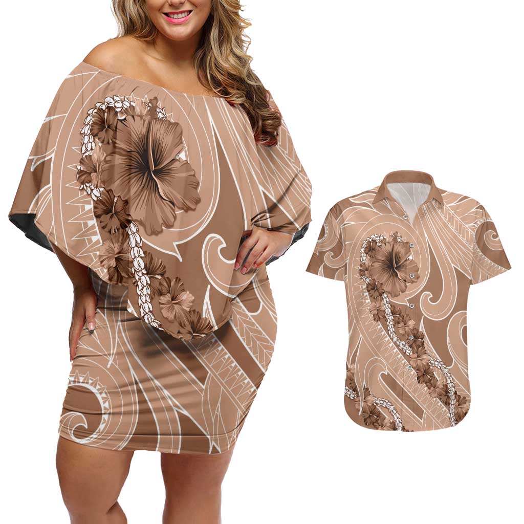 Hawaii Brown Hibiscus Pikake Lei Couples Matching Off Shoulder Short Dress and Hawaiian Shirt - Polynesian Pride