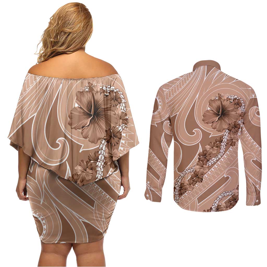 Hawaii Brown Hibiscus Pikake Lei Couples Matching Off Shoulder Short Dress and Long Sleeve Button Shirt - Polynesian Pride