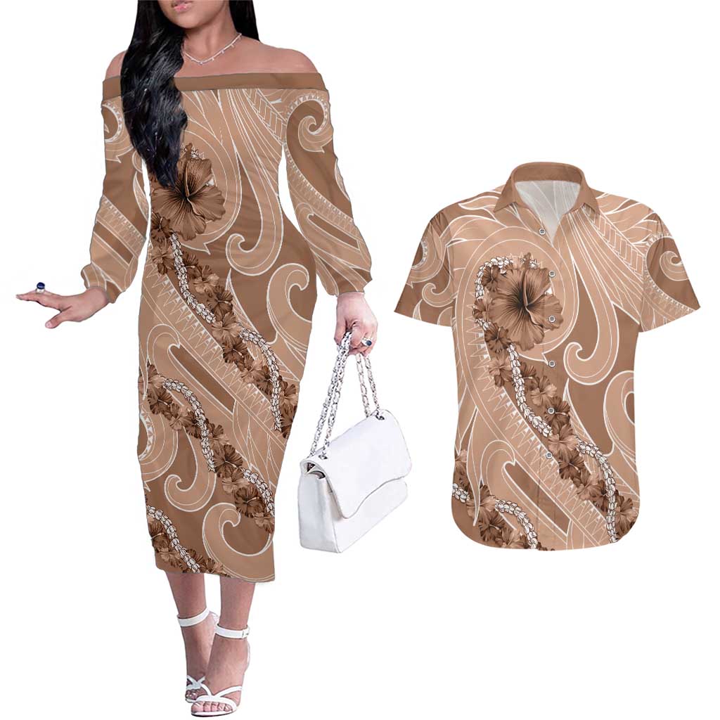 Hawaii Brown Hibiscus Pikake Lei Couples Matching Off The Shoulder Long Sleeve Dress and Hawaiian Shirt LT05 Brown - Polynesian Pride