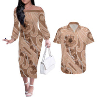 Hawaii Brown Hibiscus Pikake Lei Couples Matching Off The Shoulder Long Sleeve Dress and Hawaiian Shirt LT05 Brown - Polynesian Pride