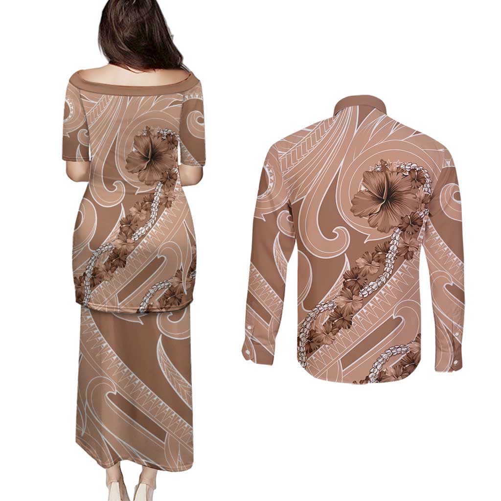 Hawaii Brown Hibiscus Pikake Lei Couples Matching Puletasi and Long Sleeve Button Shirt - Polynesian Pride