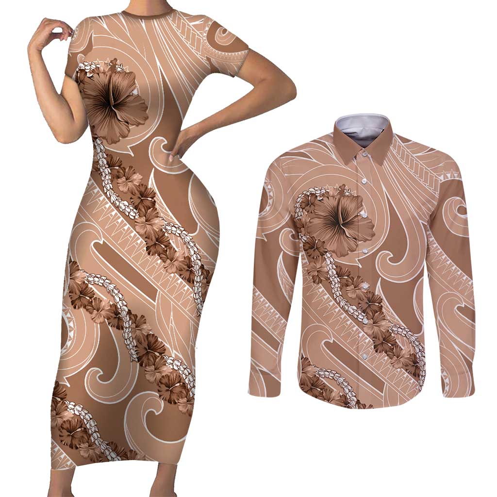 Hawaii Brown Hibiscus Pikake Lei Couples Matching Short Sleeve Bodycon Dress and Long Sleeve Button Shirt - Polynesian Pride