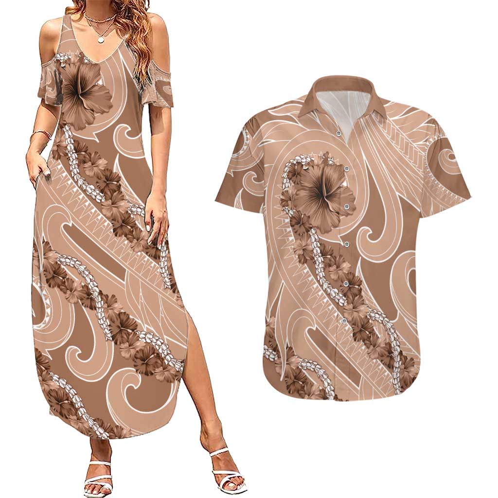 Hawaii Brown Hibiscus Pikake Lei Couples Matching Summer Maxi Dress and Hawaiian Shirt - Polynesian Pride