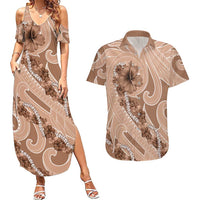 Hawaii Brown Hibiscus Pikake Lei Couples Matching Summer Maxi Dress and Hawaiian Shirt - Polynesian Pride