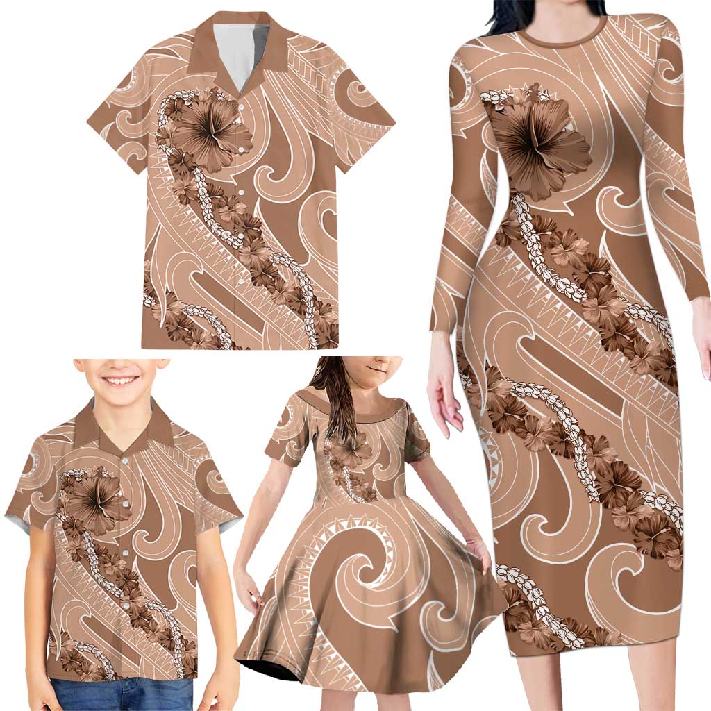 Hawaii Brown Hibiscus Pikake Lei Family Matching Long Sleeve Bodycon Dress and Hawaiian Shirt LT05 - Polynesian Pride