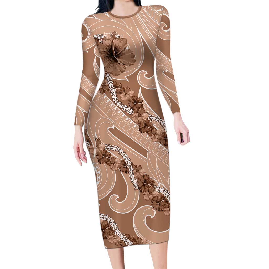 Hawaii Brown Hibiscus Pikake Lei Family Matching Long Sleeve Bodycon Dress and Hawaiian Shirt LT05 Mom's Dress Brown - Polynesian Pride