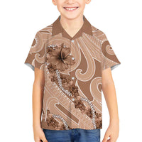 Hawaii Brown Hibiscus Pikake Lei Family Matching Long Sleeve Bodycon Dress and Hawaiian Shirt LT05 Son's Shirt Brown - Polynesian Pride