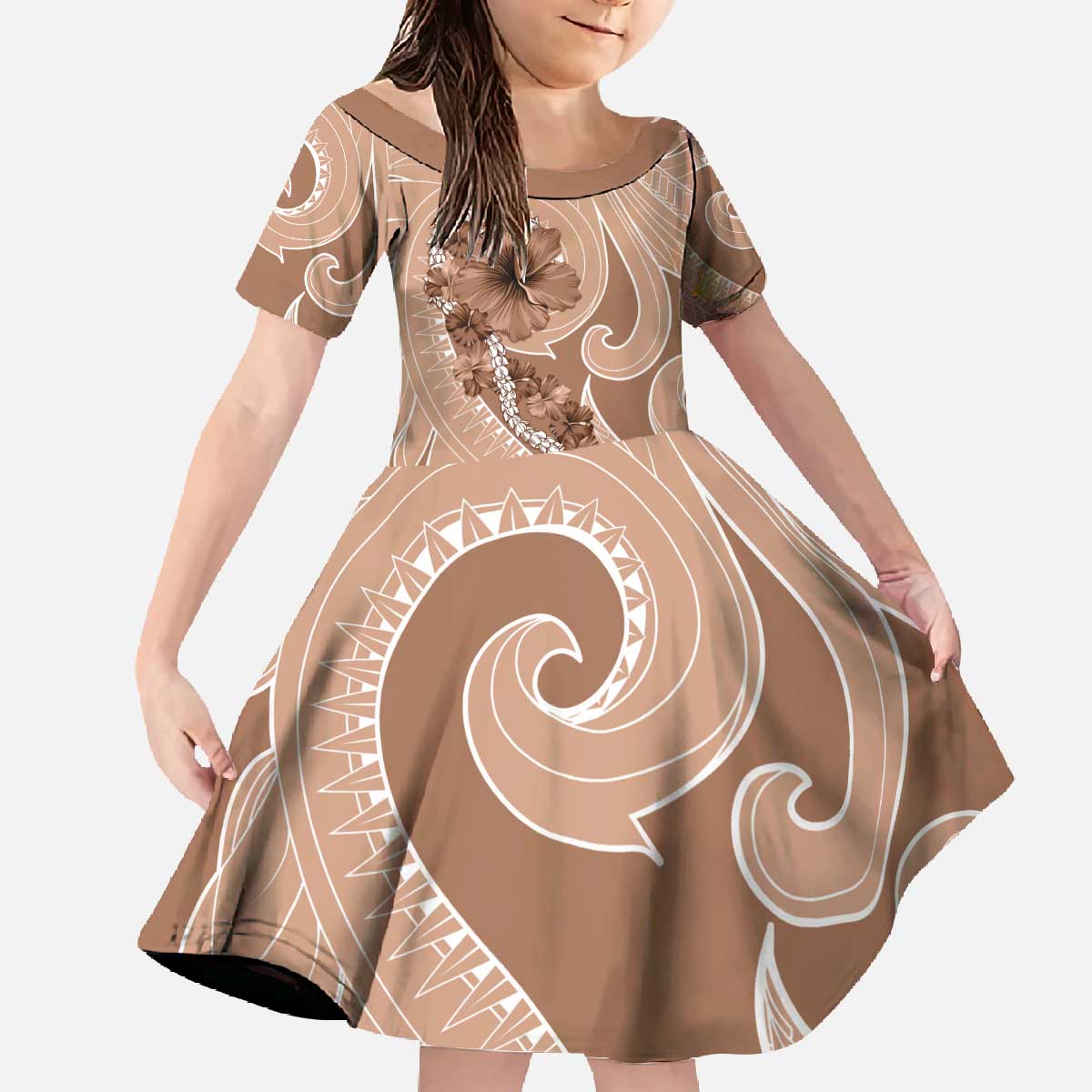 Hawaii Brown Hibiscus Pikake Lei Family Matching Off The Shoulder Long Sleeve Dress and Hawaiian Shirt LT05 Daughter's Dress Brown - Polynesian Pride