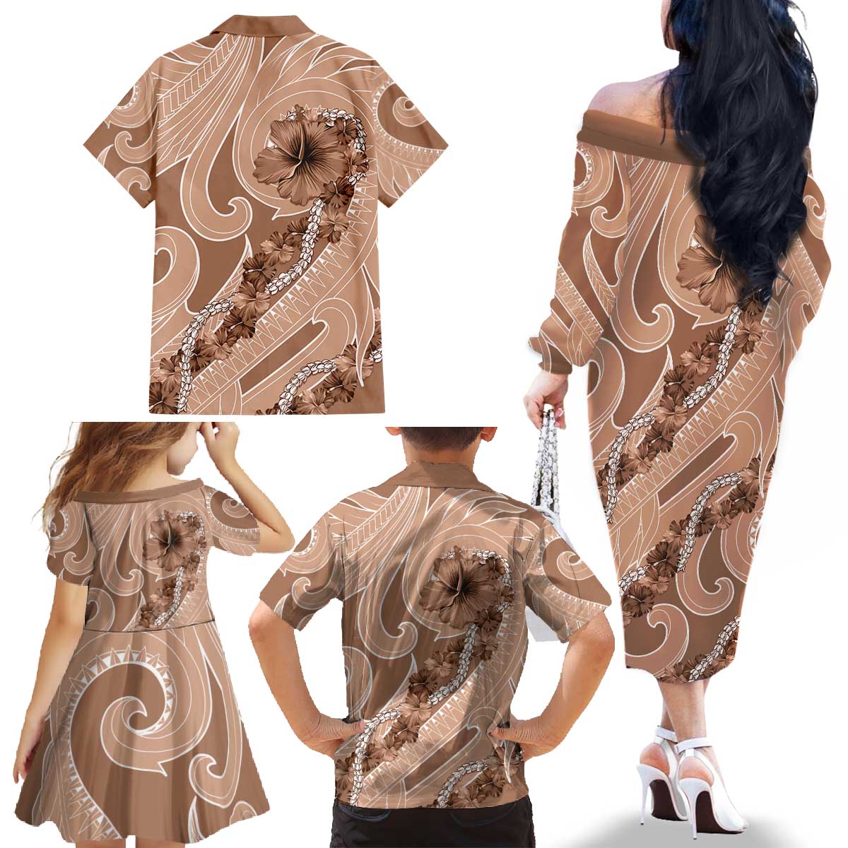 Hawaii Brown Hibiscus Pikake Lei Family Matching Off The Shoulder Long Sleeve Dress and Hawaiian Shirt LT05 - Polynesian Pride