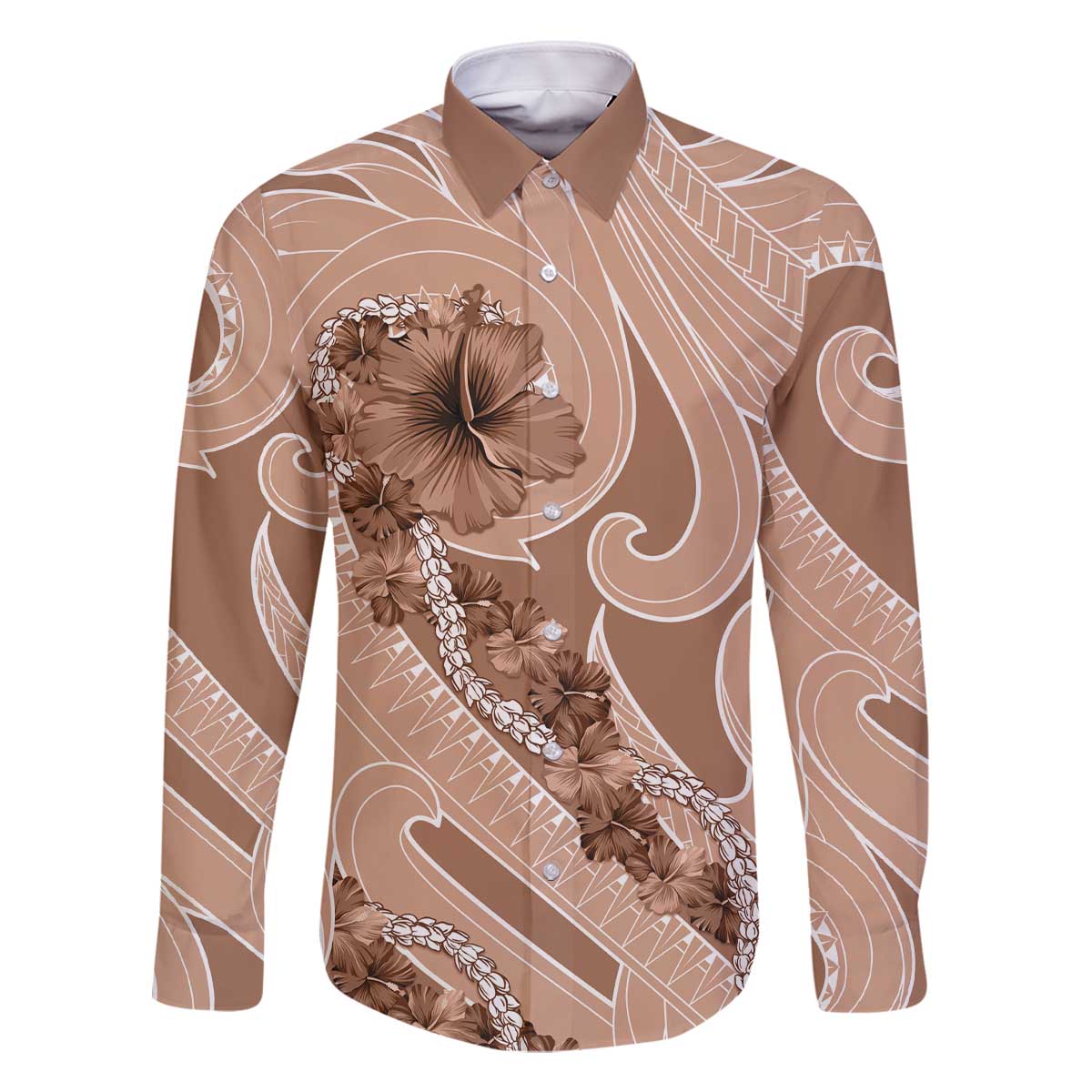 Hawaii Brown Hibiscus Pikake Lei Family Matching Off The Shoulder Long Sleeve Dress and Hawaiian Shirt LT05 Dad's Shirt - Long Sleeve Brown - Polynesian Pride
