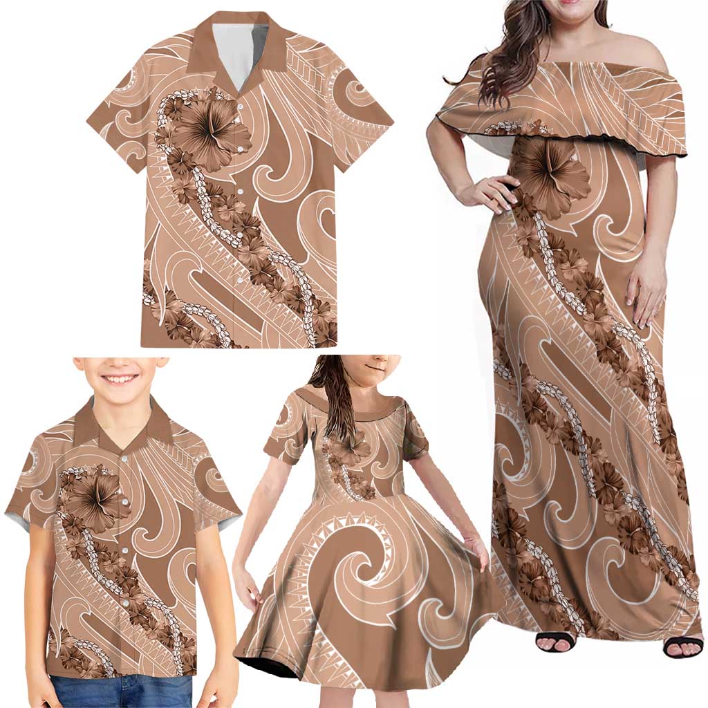 Hawaii Brown Hibiscus Pikake Lei Family Matching Off Shoulder Maxi Dress and Hawaiian Shirt LT05 - Polynesian Pride