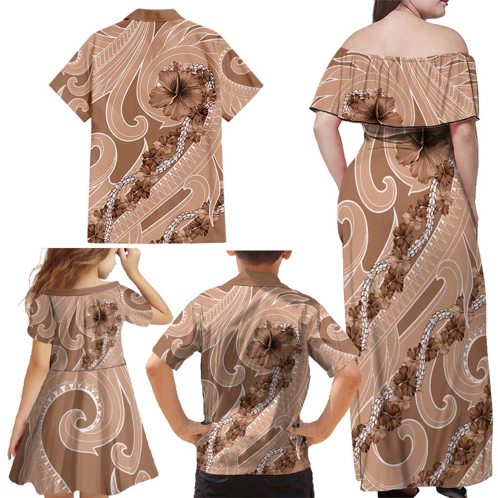 Hawaii Brown Hibiscus Pikake Lei Family Matching Off Shoulder Maxi Dress and Hawaiian Shirt LT05 - Polynesian Pride