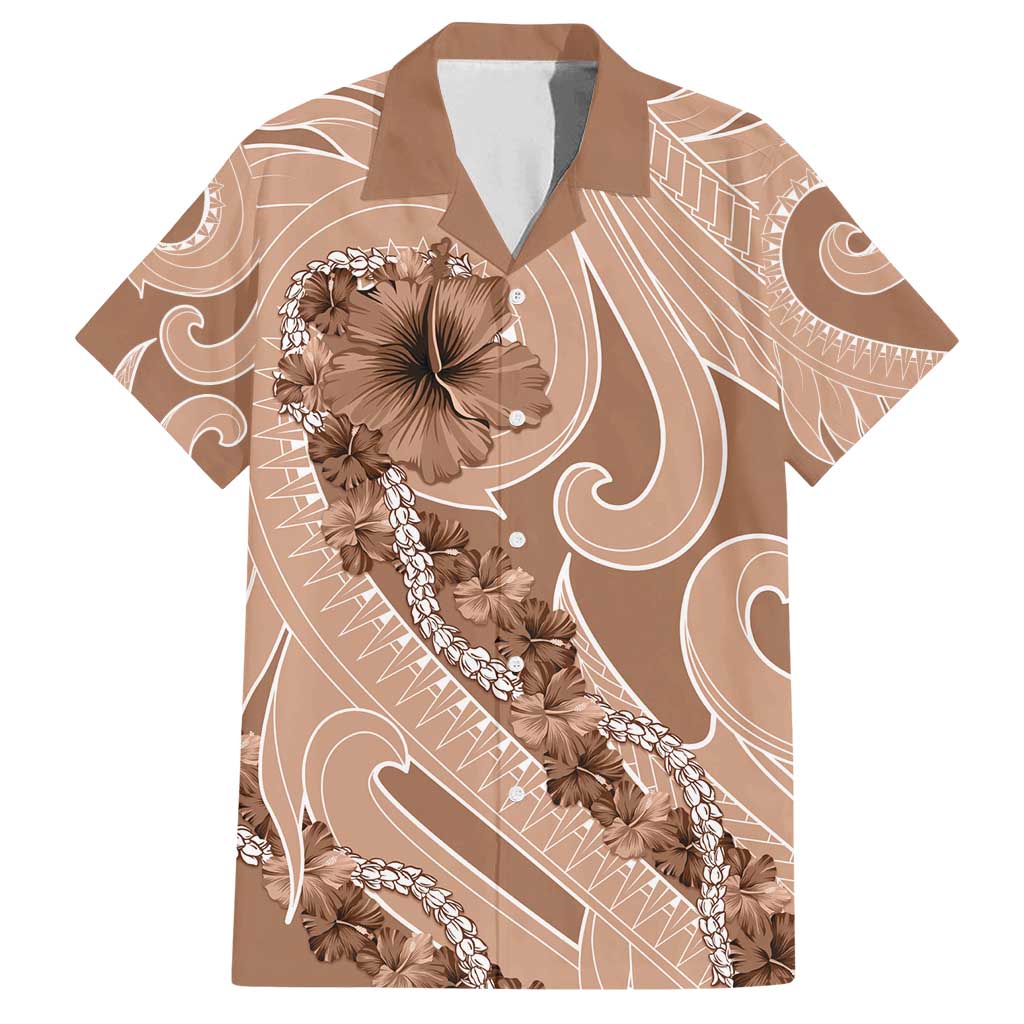 Hawaii Brown Hibiscus Pikake Lei Family Matching Off Shoulder Maxi Dress and Hawaiian Shirt LT05 Dad's Shirt - Short Sleeve Brown - Polynesian Pride