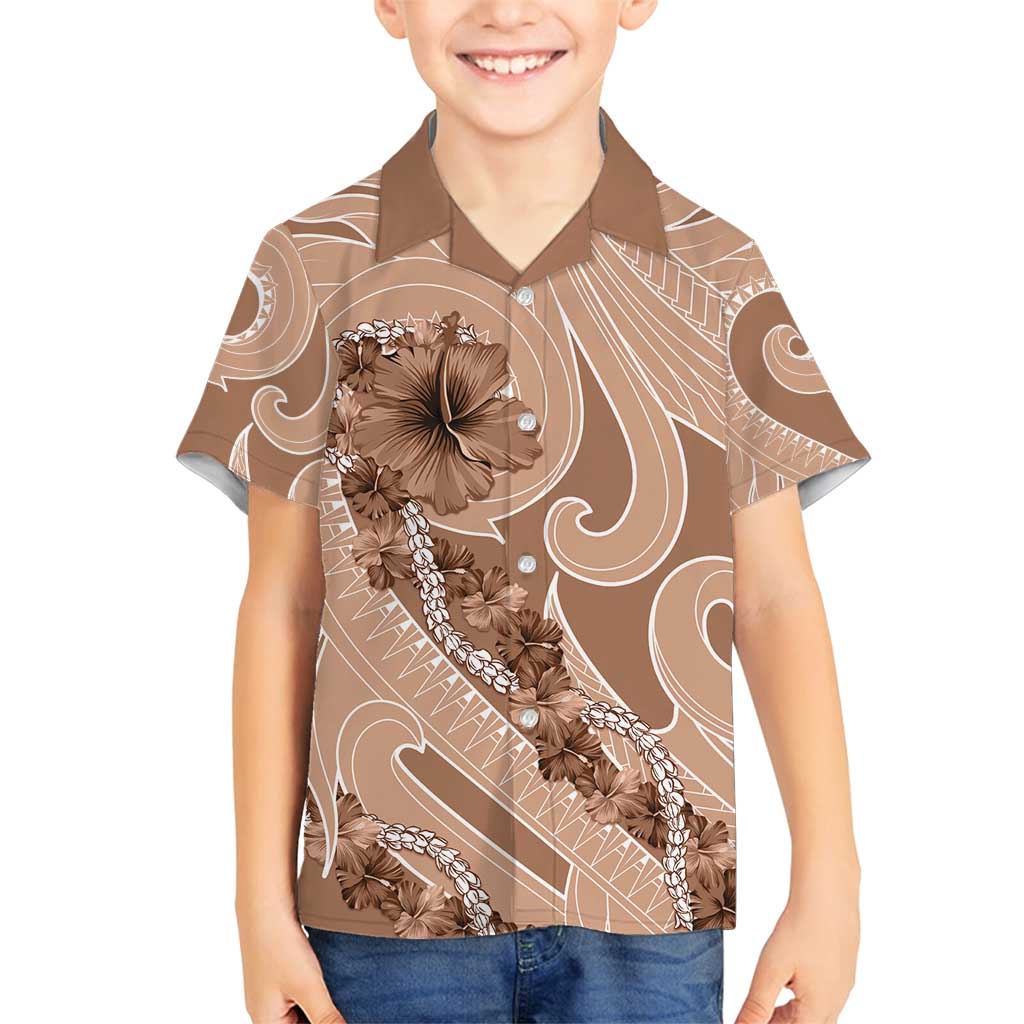 Hawaii Brown Hibiscus Pikake Lei Family Matching Off Shoulder Maxi Dress and Hawaiian Shirt LT05 Son's Shirt Brown - Polynesian Pride