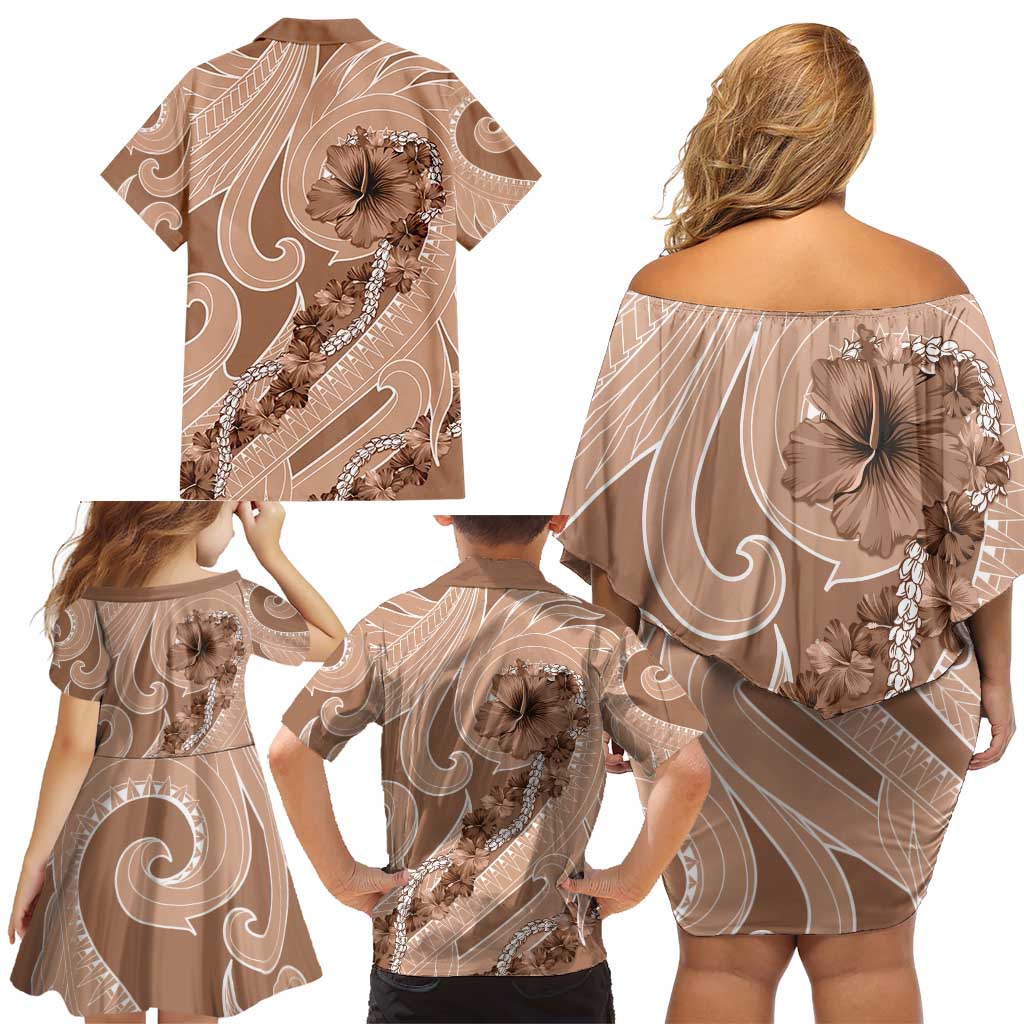 Hawaii Brown Hibiscus Pikake Lei Family Matching Off Shoulder Short Dress and Hawaiian Shirt LT05 - Polynesian Pride