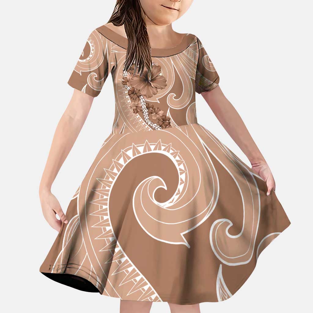 Hawaii Brown Hibiscus Pikake Lei Family Matching Puletasi and Hawaiian Shirt LT05 Daughter's Dress Brown - Polynesian Pride