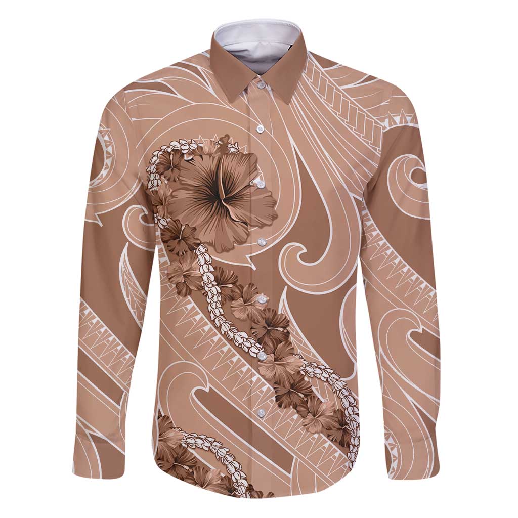 Hawaii Brown Hibiscus Pikake Lei Family Matching Puletasi and Hawaiian Shirt LT05 Dad's Shirt - Long Sleeve Brown - Polynesian Pride