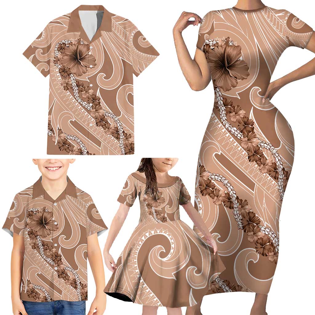 Hawaii Brown Hibiscus Pikake Lei Family Matching Short Sleeve Bodycon Dress and Hawaiian Shirt - Polynesian Pride