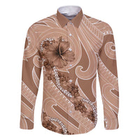Hawaii Brown Hibiscus Pikake Lei Family Matching Short Sleeve Bodycon Dress and Hawaiian Shirt LT05 Dad's Shirt - Long Sleeve Brown - Polynesian Pride