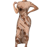 Hawaii Brown Hibiscus Pikake Lei Family Matching Short Sleeve Bodycon Dress and Hawaiian Shirt LT05 Mom's Dress Brown - Polynesian Pride