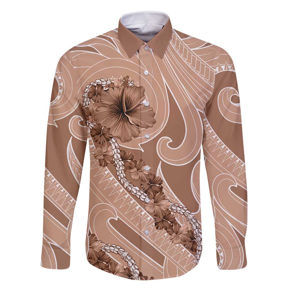 Hawaii Brown Hibiscus Pikake Lei Family Matching Summer Maxi Dress and Hawaiian Shirt LT05 Dad's Shirt - Long Sleeve Brown - Polynesian Pride