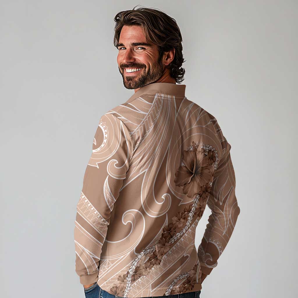 Hawaii Brown Hibiscus Pikake Lei Long Sleeve Polo Shirt - Polynesian Pride