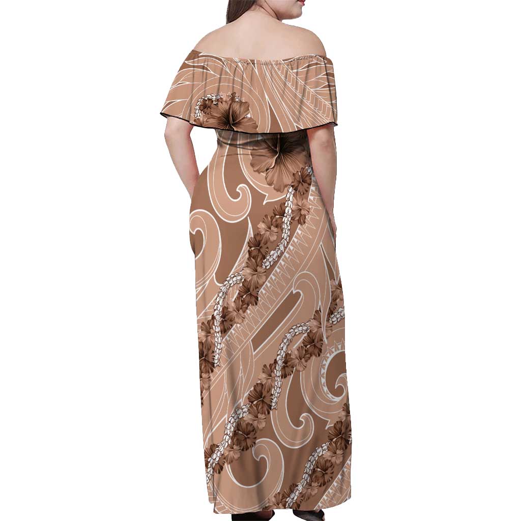 Hawaii Brown Hibiscus Pikake Lei Off Shoulder Maxi Dress - Polynesian Pride