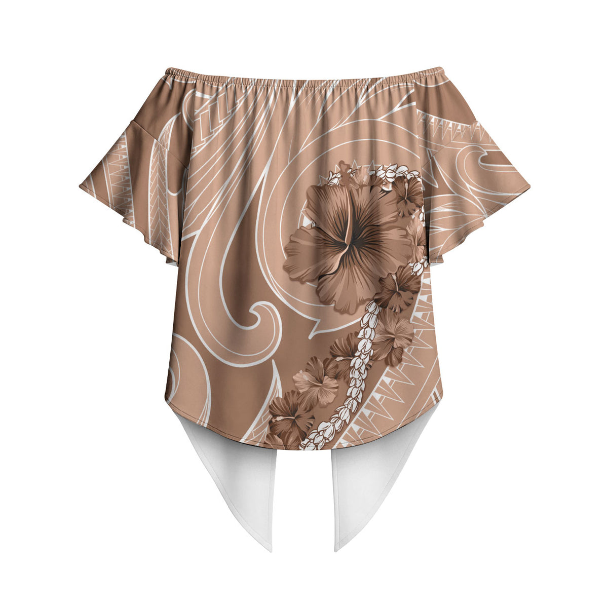 Hawaii Brown Hibiscus Pikake Lei Off Shoulder Wrap Waist Top LT05 - Polynesian Pride