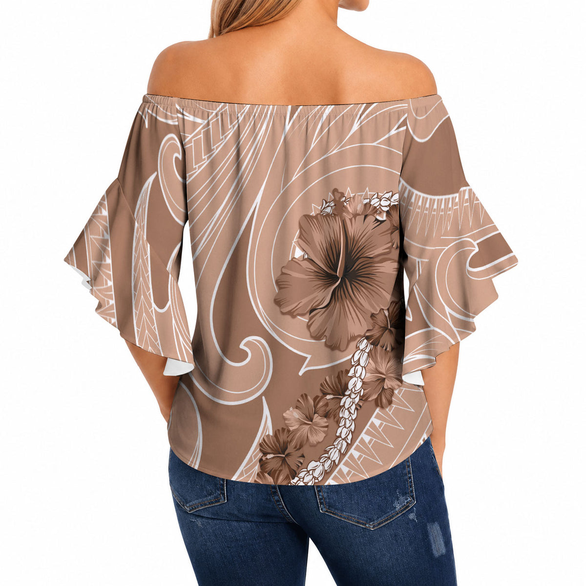Hawaii Brown Hibiscus Pikake Lei Off Shoulder Wrap Waist Top LT05 - Polynesian Pride