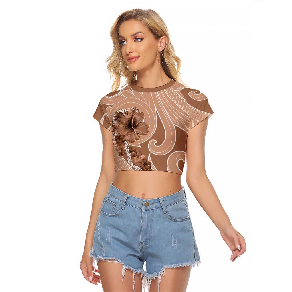 Hawaii Brown Hibiscus Pikake Lei Raglan Cropped T Shirt - Polynesian Pride