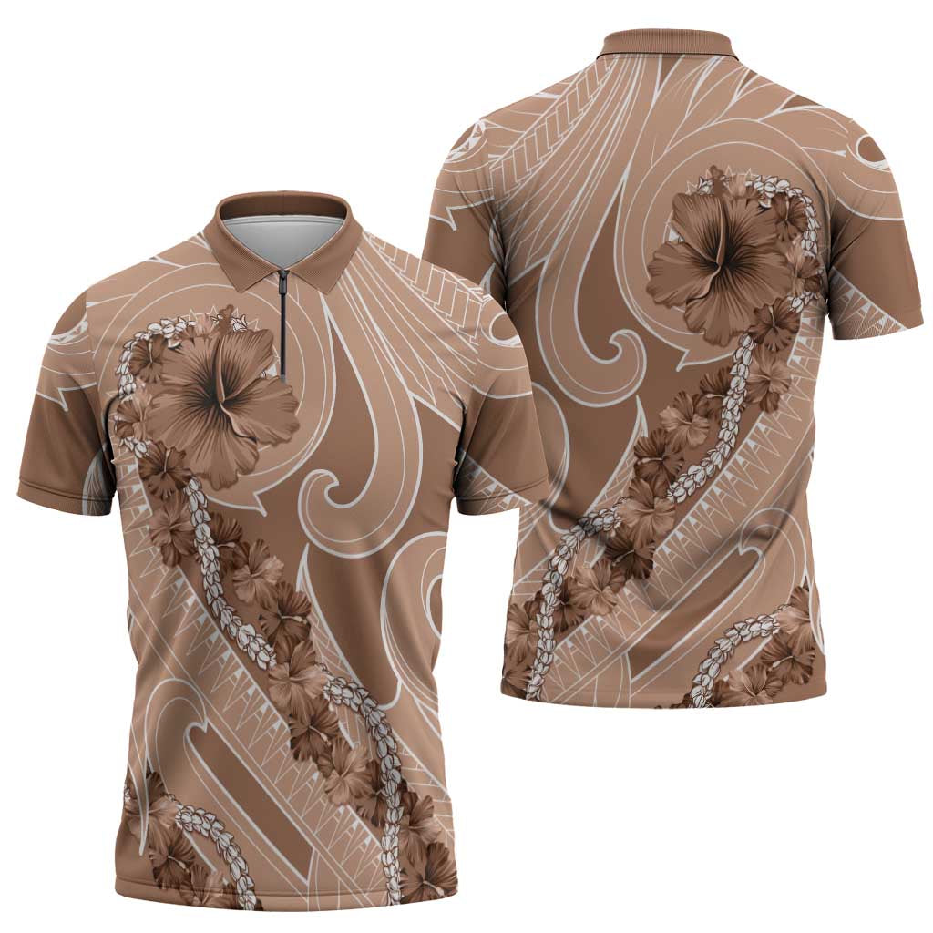 Hawaii Brown Hibiscus Pikake Lei Zipper Polo Shirt - Polynesian Pride