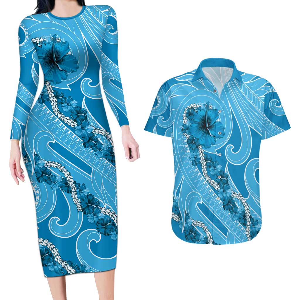 Hawaii Blue Hibiscus Pikake Lei Couples Matching Long Sleeve Bodycon Dress and Hawaiian Shirt - Polynesian Pride