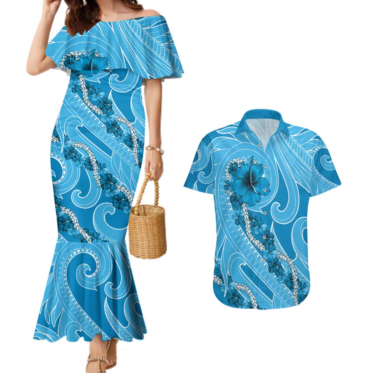 Hawaii Blue Hibiscus Pikake Lei Couples Matching Mermaid Dress and Hawaiian Shirt - Polynesian Pride