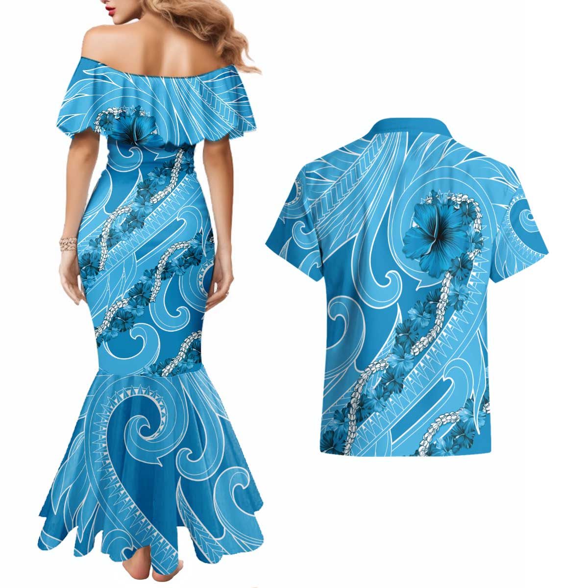 Hawaii Blue Hibiscus Pikake Lei Couples Matching Mermaid Dress and Hawaiian Shirt - Polynesian Pride
