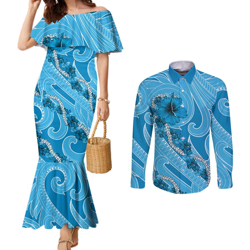 Hawaii Blue Hibiscus Pikake Lei Couples Matching Mermaid Dress and Long Sleeve Button Shirt - Polynesian Pride