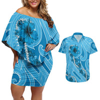 Hawaii Blue Hibiscus Pikake Lei Couples Matching Off Shoulder Short Dress and Hawaiian Shirt - Polynesian Pride