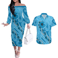 Hawaii Blue Hibiscus Pikake Lei Couples Matching Off The Shoulder Long Sleeve Dress and Hawaiian Shirt LT05 Blue - Polynesian Pride