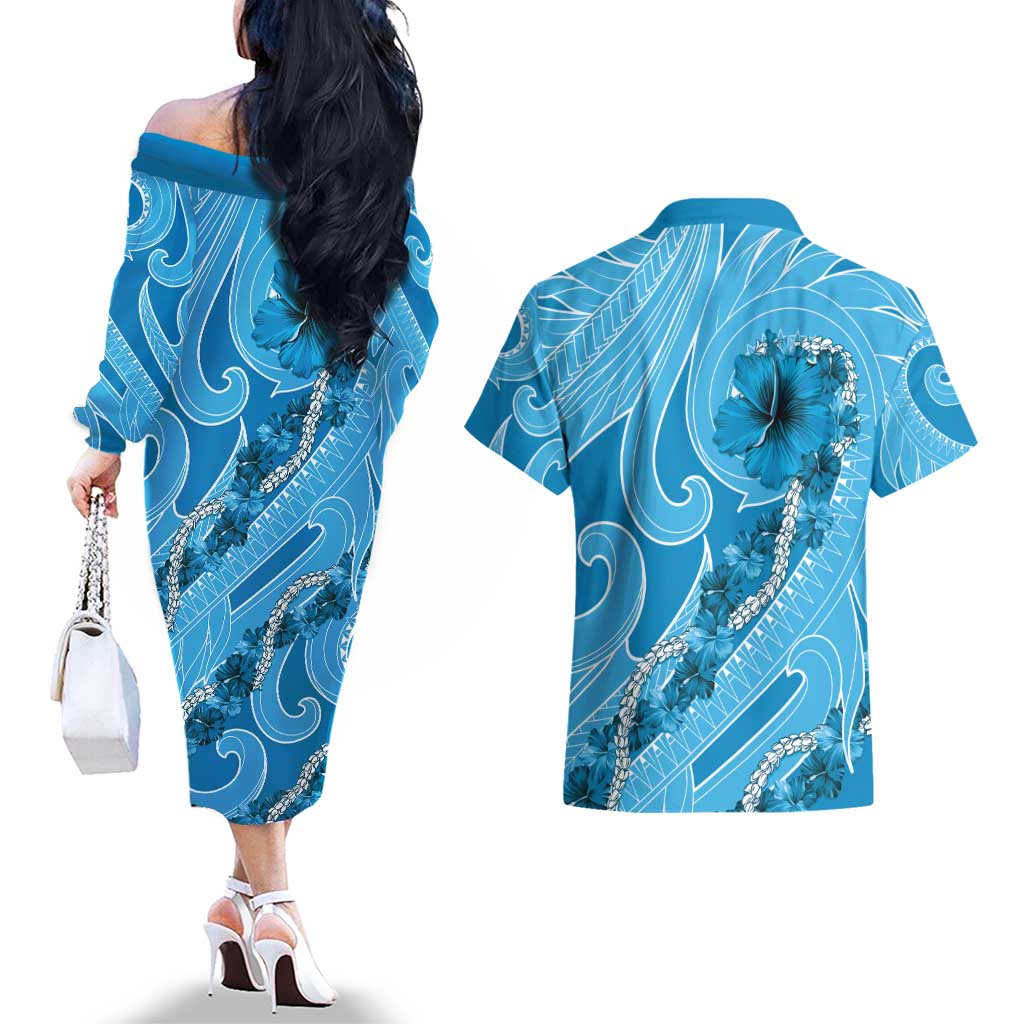 Hawaii Blue Hibiscus Pikake Lei Couples Matching Off The Shoulder Long Sleeve Dress and Hawaiian Shirt LT05 - Polynesian Pride